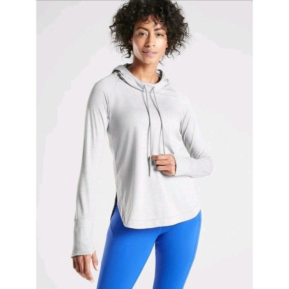 Athleta Uptempo Hoodie Sweatshirt Gray Size M Thumbholes Curve Hem Lightweight